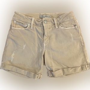 Mavi Sara Mid-Rise Boyfriend Cuffed Stretch Denim Shorts in Khaki Tan 25